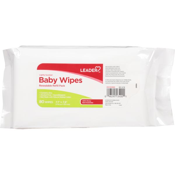 Image for Leader Baby Wipes, Lightly Scented, Resealable, Refill Pack, 80ea from Cannon Pharmacy Main
