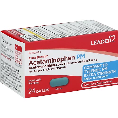 Image for Leader Acetaminophen PM, Extra Strength, Caplets,24ea from CANNON SEDGEFIELD