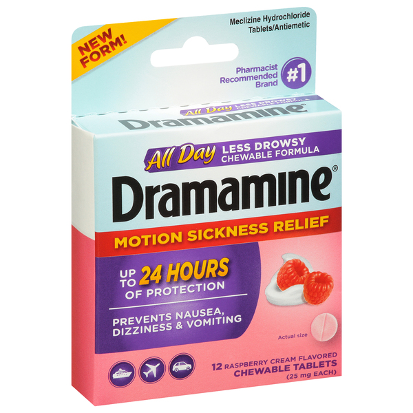Image for Dramamine Motion Sickness Relief, 25 mg, Raspberry Cream Flavored, Chewable Tablets,12ea from CANNON SEDGEFIELD